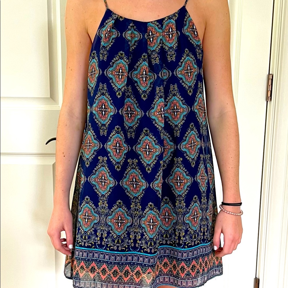 Sweet Wanderer patterned blue mini dress size small